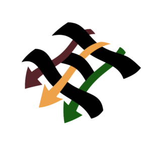 Three anti fascist arrows woven together in red, green, yellow and dark red. 